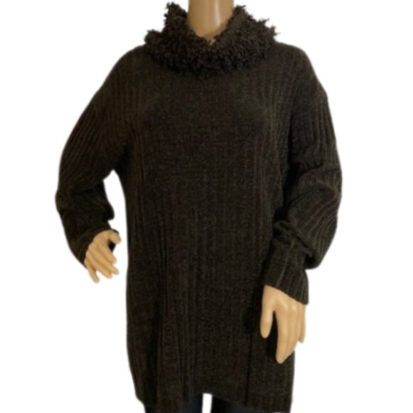 Olsen Chocolate Brown Ribbed Tunic Sweater with Fuzzy Cowl Neck - Picture 1 of 8